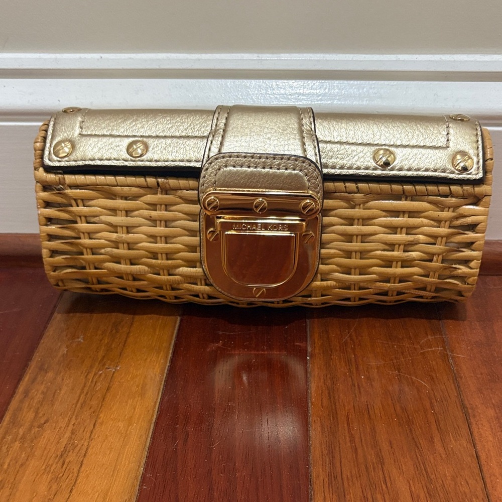 Michael Kors Gold and Tan Wicker Clutch